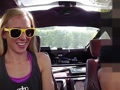 Blonde skinny babe enjoys blowing cock inside the car and gets pussy banged hard