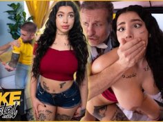 Dirty yoga teacher fucks his girlfriend in fake hostel - sneaky creampie big tits